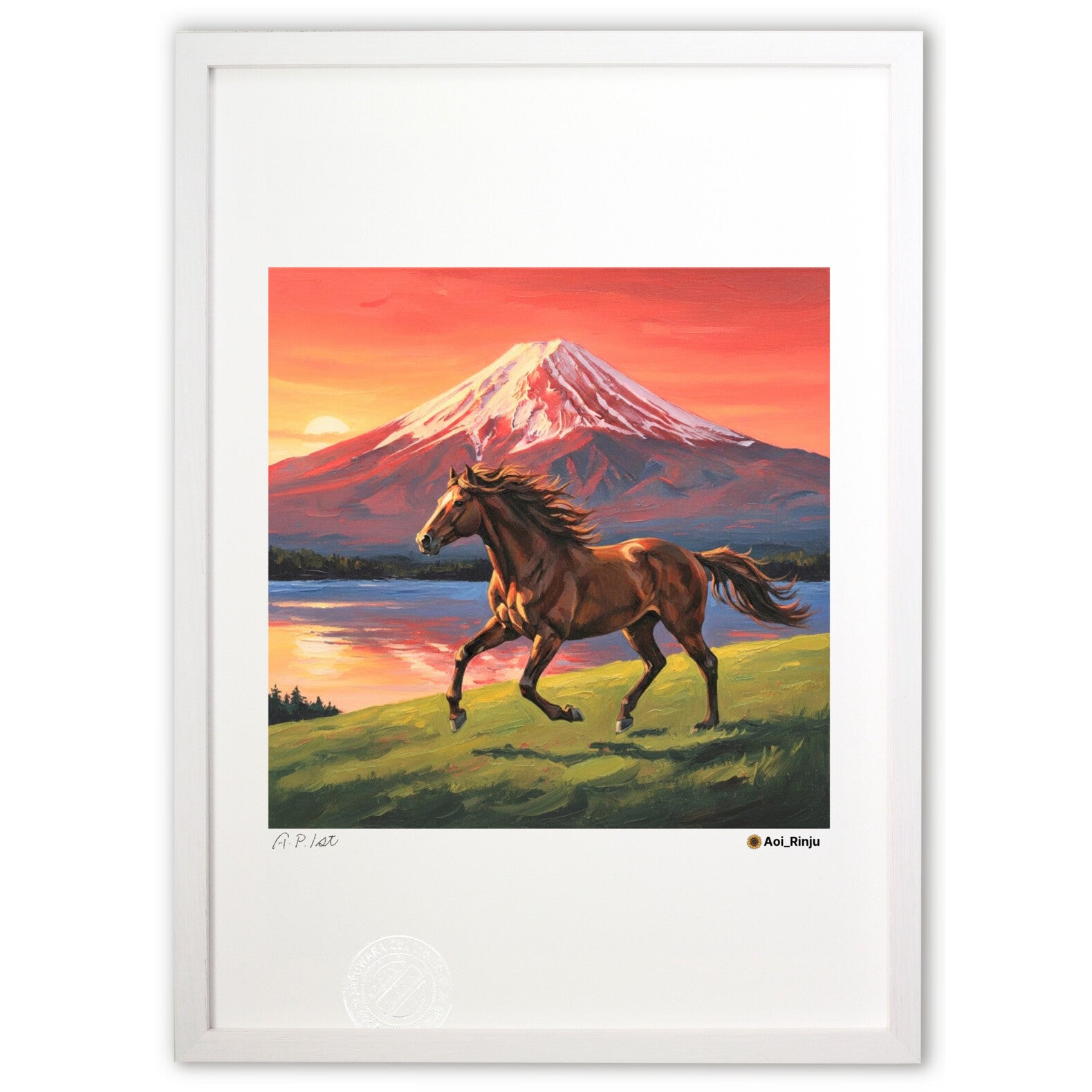 富士山 風景 画 夕焼け 夕焼けに染まる富士山と走る馬 絵画や壁飾り販売