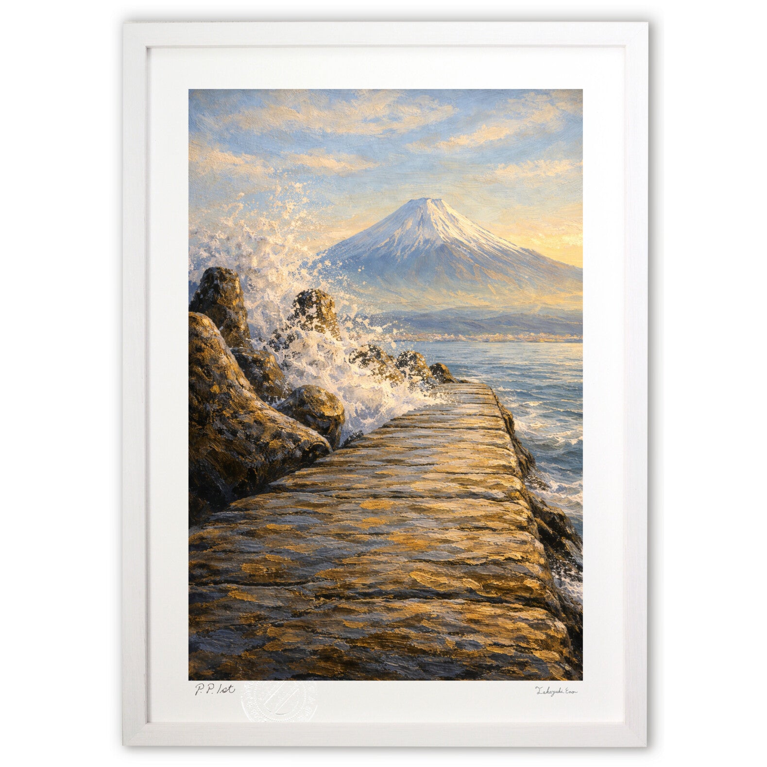 海景油絵 波 油絵 海 日本 波花と雪嶺 海へ開く防波の