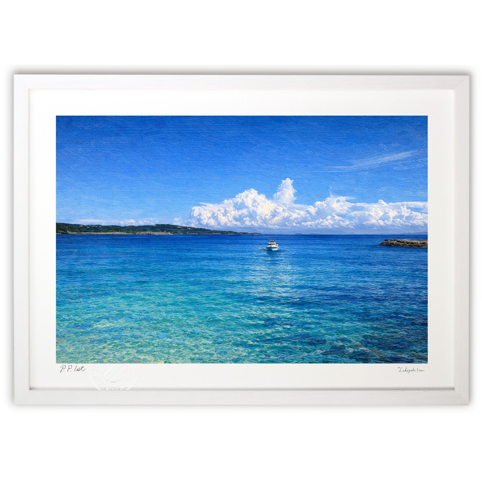 透明な青い海と小舟が浮かぶ夏の海景 – 絵画や壁飾り販売｜風景投稿