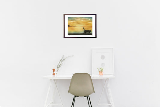 pastel art 海と夕日と猫