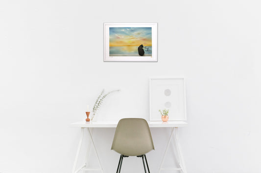 pastelart 海と夕日と猫