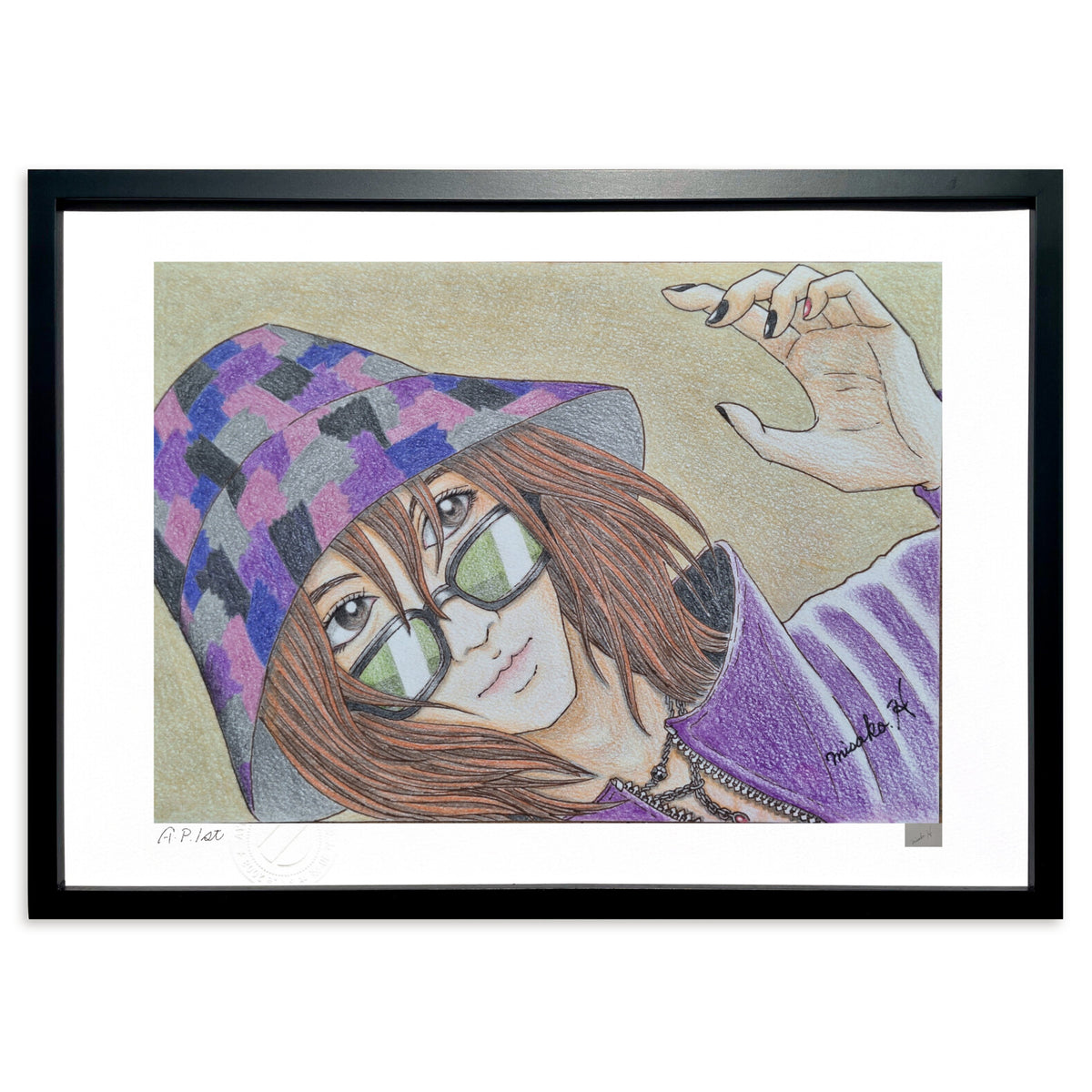 色鉛筆画 帽子とサングラス