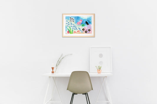 シュノーケルする猫と海の仲間達