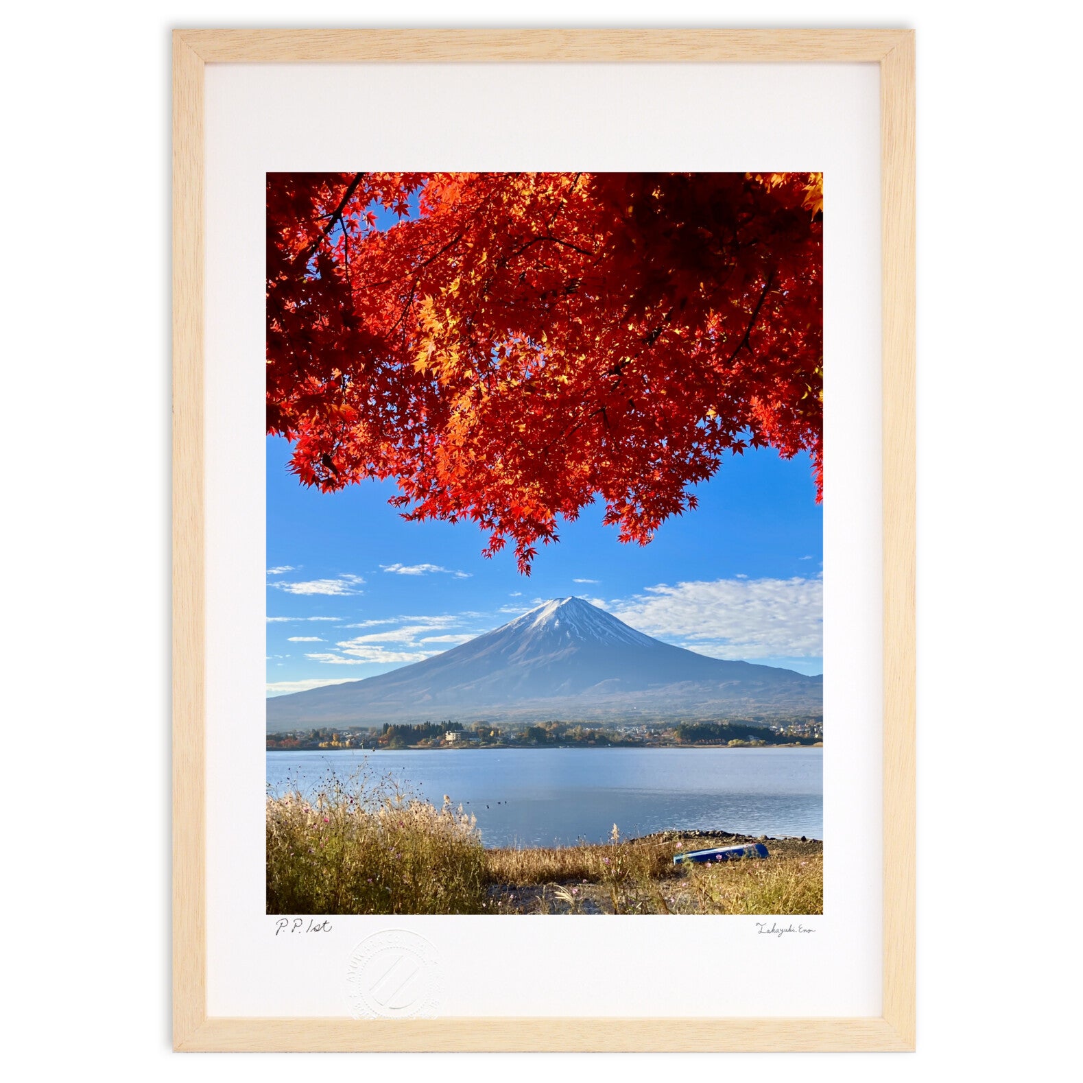 和風 和紙の絵写真 額入り 71x56cm 秋 黄色 「富士山と黄葉のカラマツ