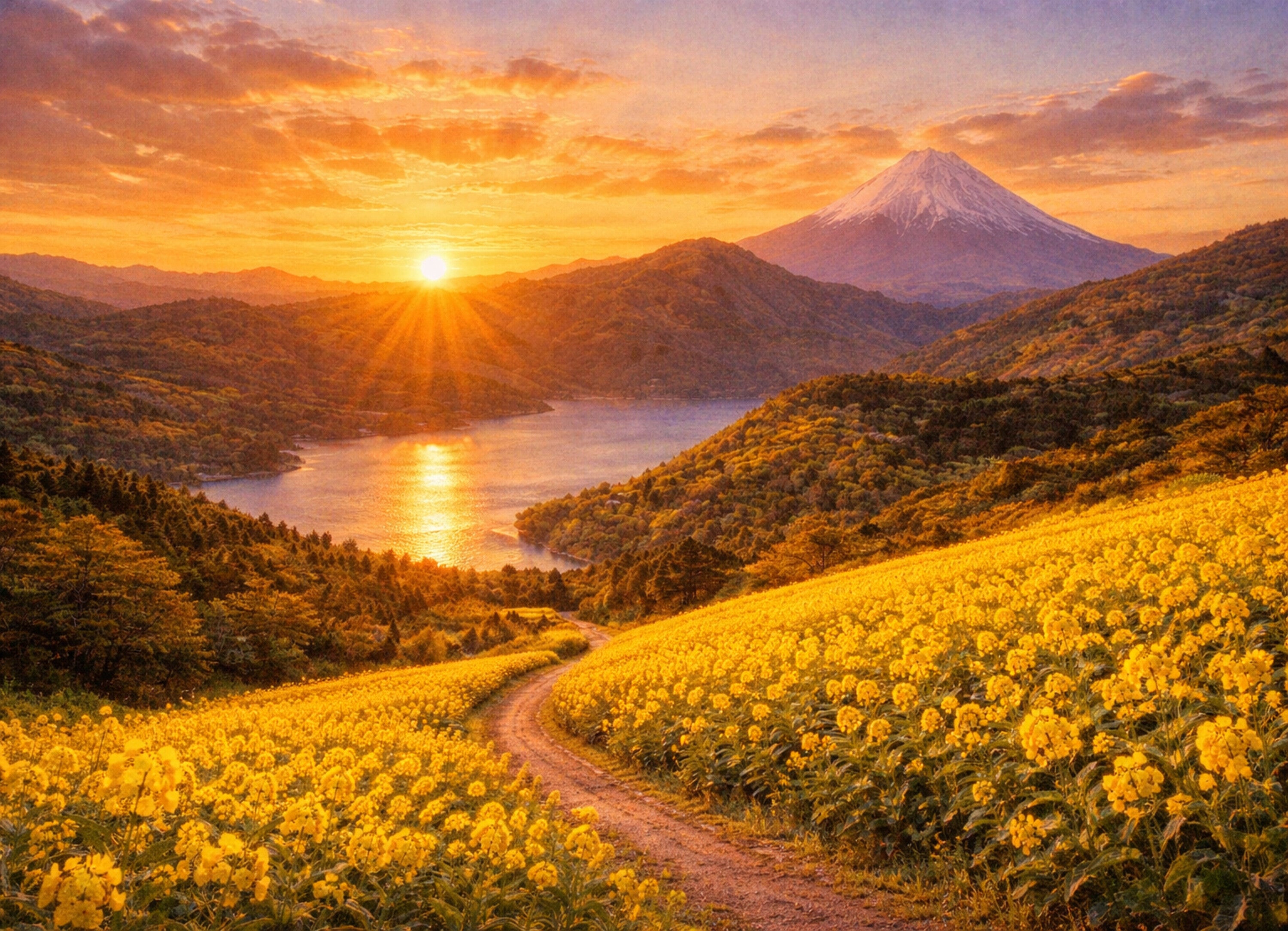 黄金の花道、富士へ続く光 – 絵画や壁飾り販売｜風景投稿販売あゆわら(R)