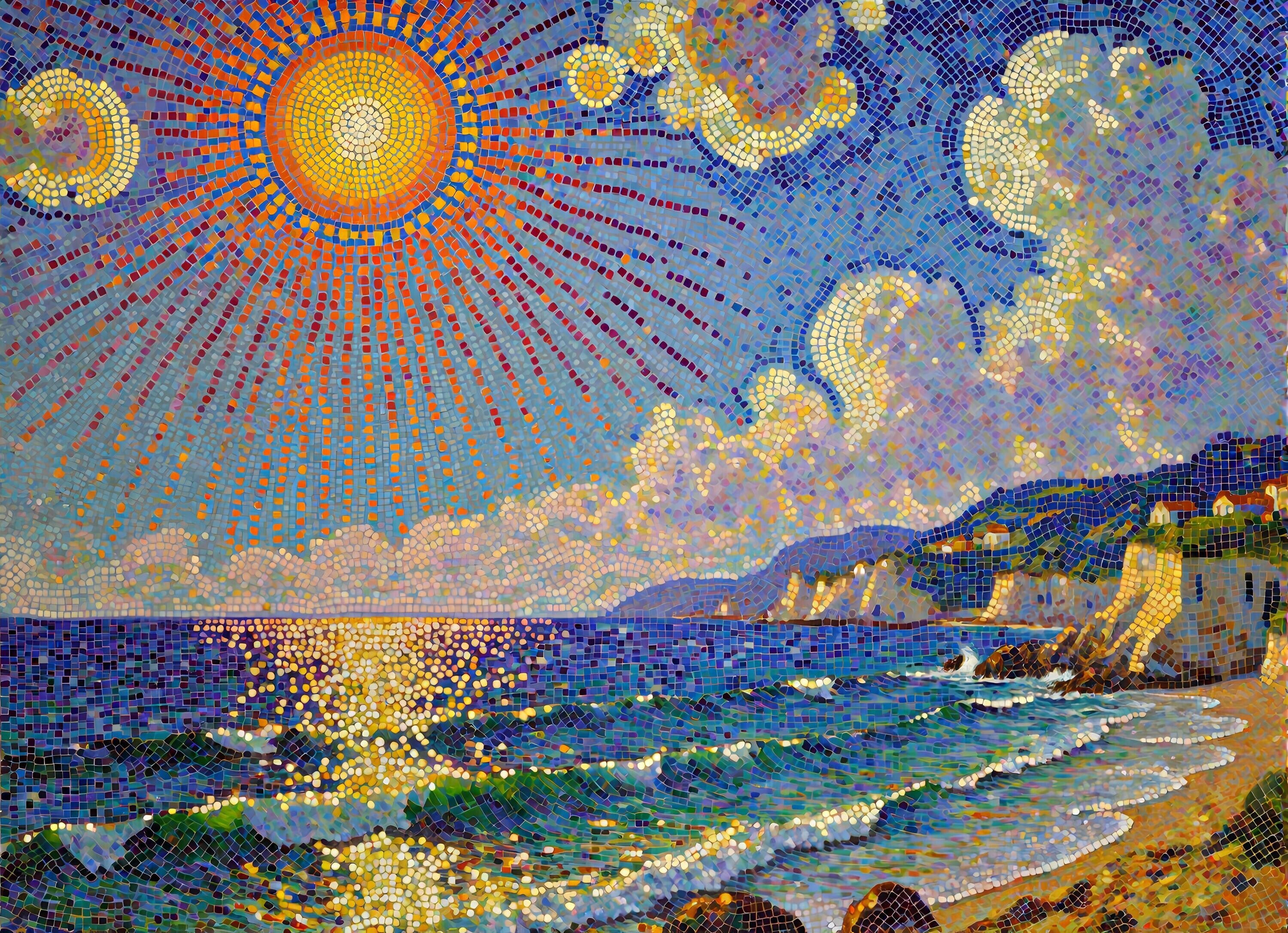 鮮やかな点描画の海辺 – 絵画や壁飾り販売｜風景投稿販売あゆわら(R)