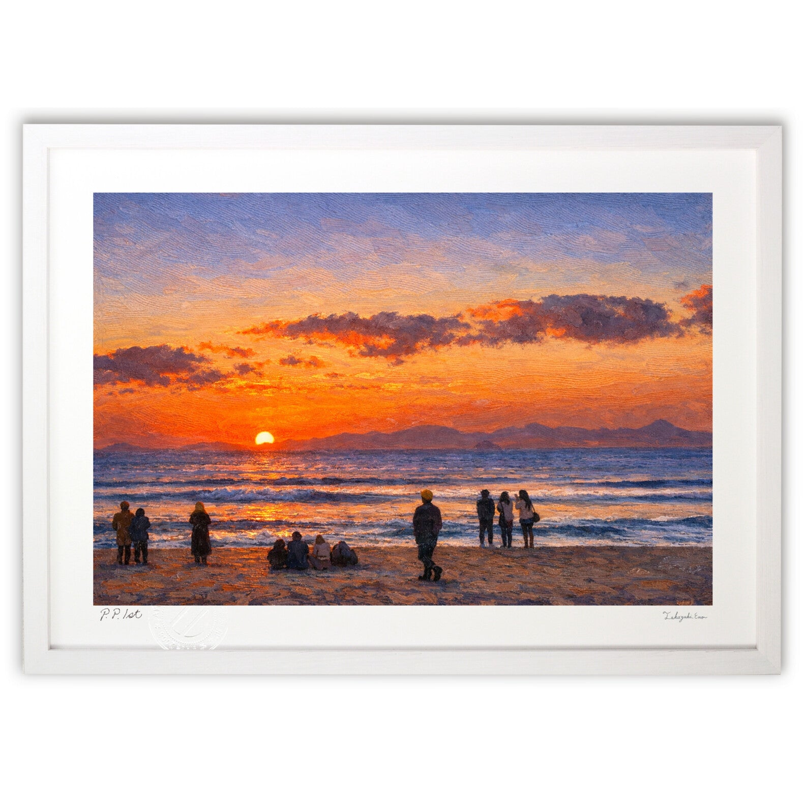 夕焼けの海と浜辺に集う人々の風景 – 絵画や壁飾り販売｜風景投稿販売