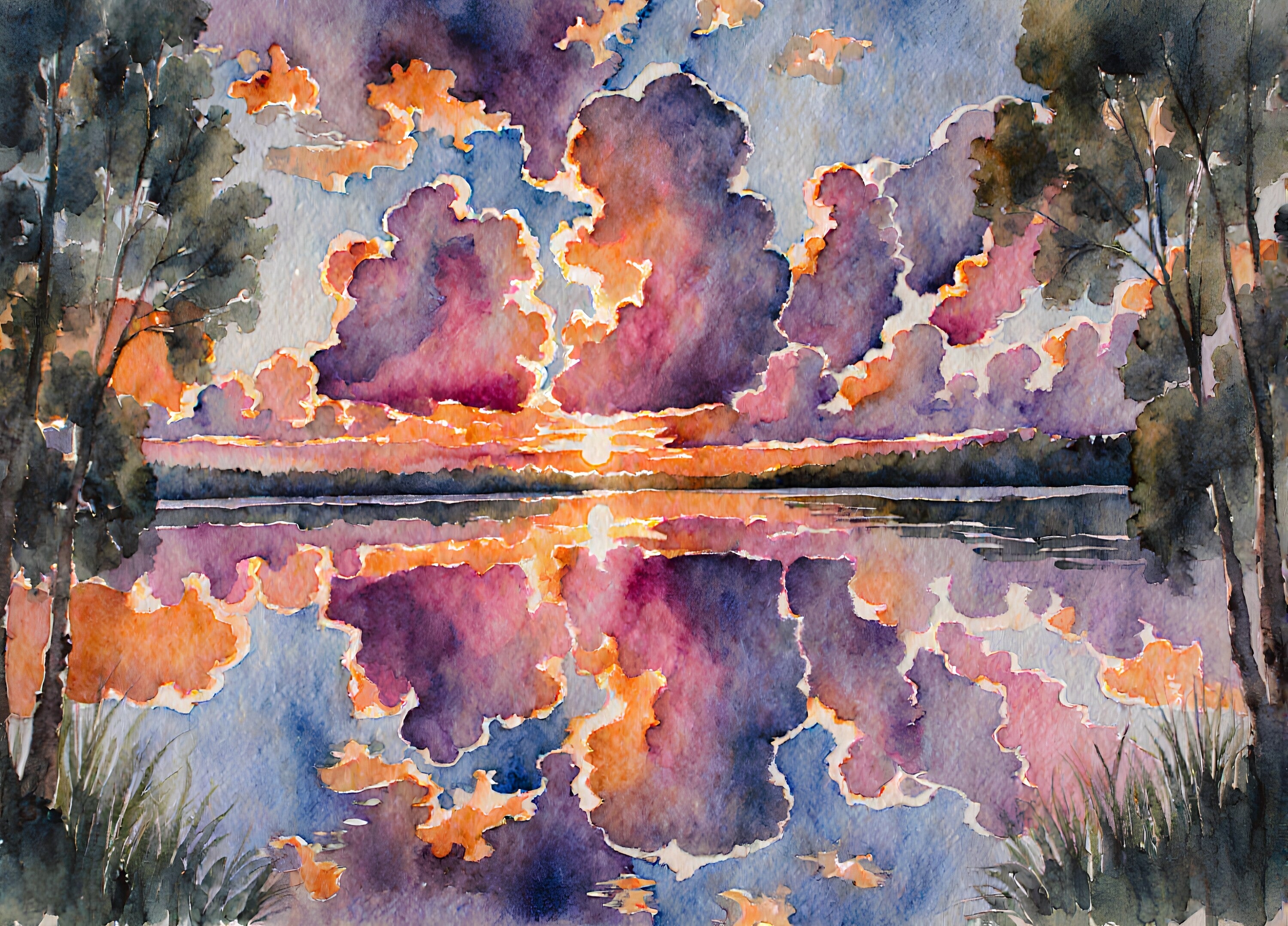 輝く夕焼け空を映す静かな湖 – 絵画や壁飾り販売｜風景投稿販売あゆわら(R)