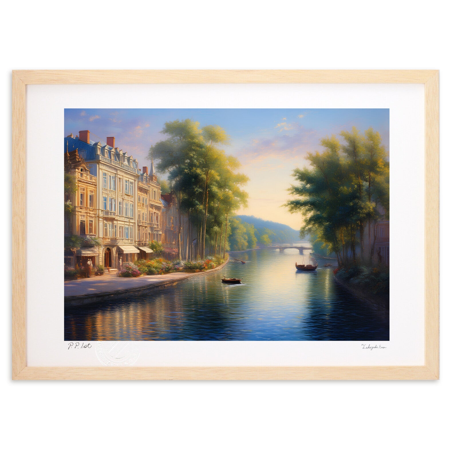 初夏の夕暮れ時の大河のほとりに佇む欧州の町 – 絵画や壁飾り販売
