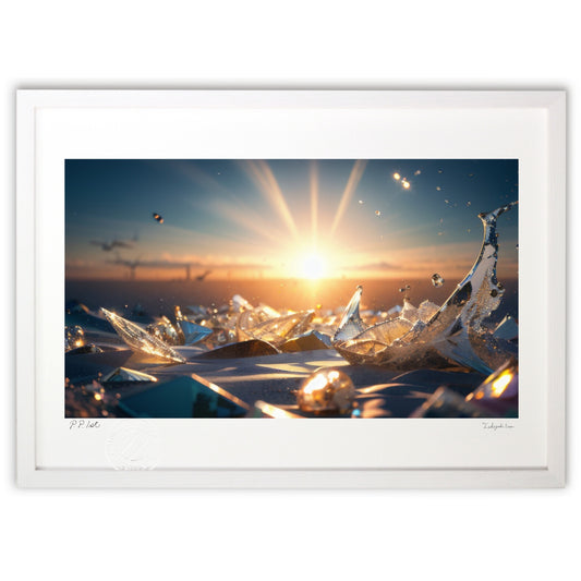 朝日の中の砕けたガラスと砂浜