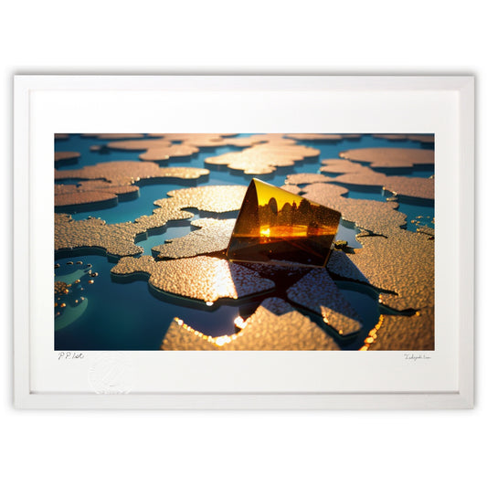 夕日に照らされた水面とガラスのオブジェクト