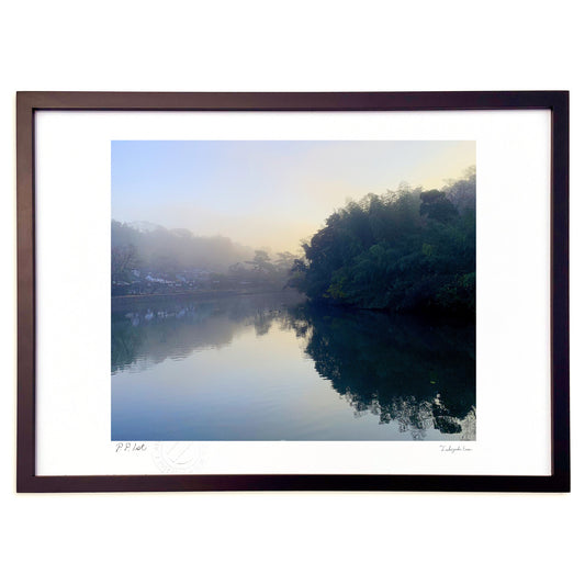 朝霧にけむる松江城お堀