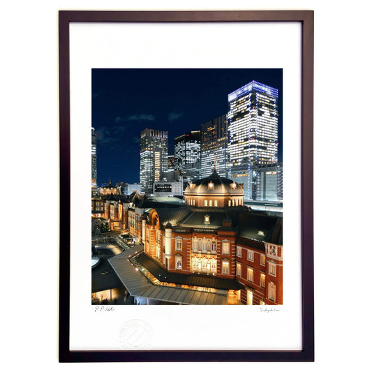 版画 夜の駅舎(縦)